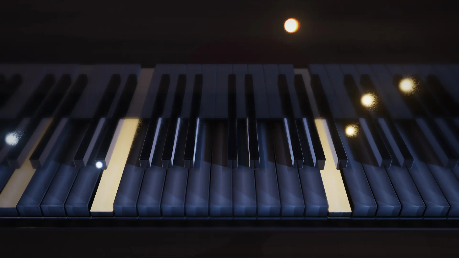 Piano keys, with a mote of light rising from each note