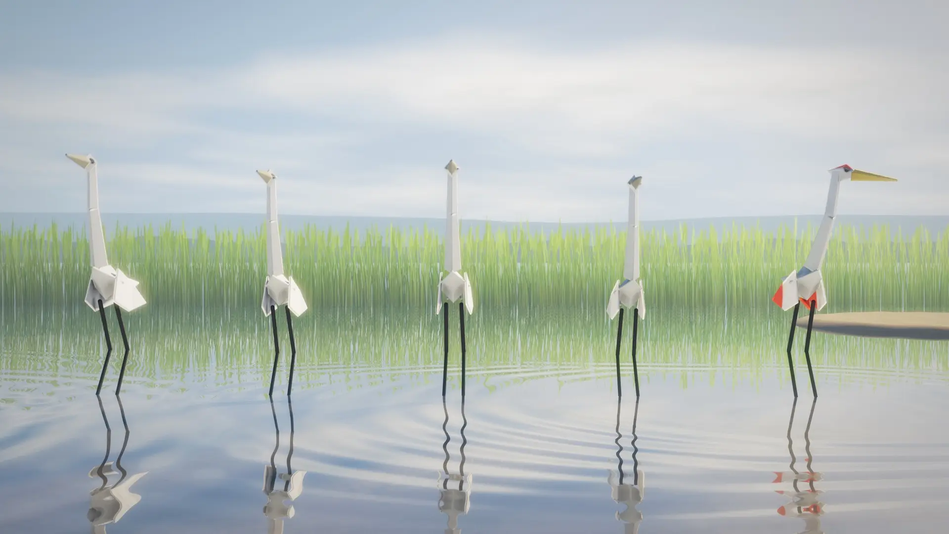 The flock of paper cranes stands in a row. One head is still up